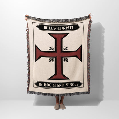 Maltese cross blanket with "MILES CHRISTI" and "IN HOC SIGNO VINCES" text.