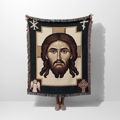 Religious blanket with Jesus Christ portrait, crosses, and angel.