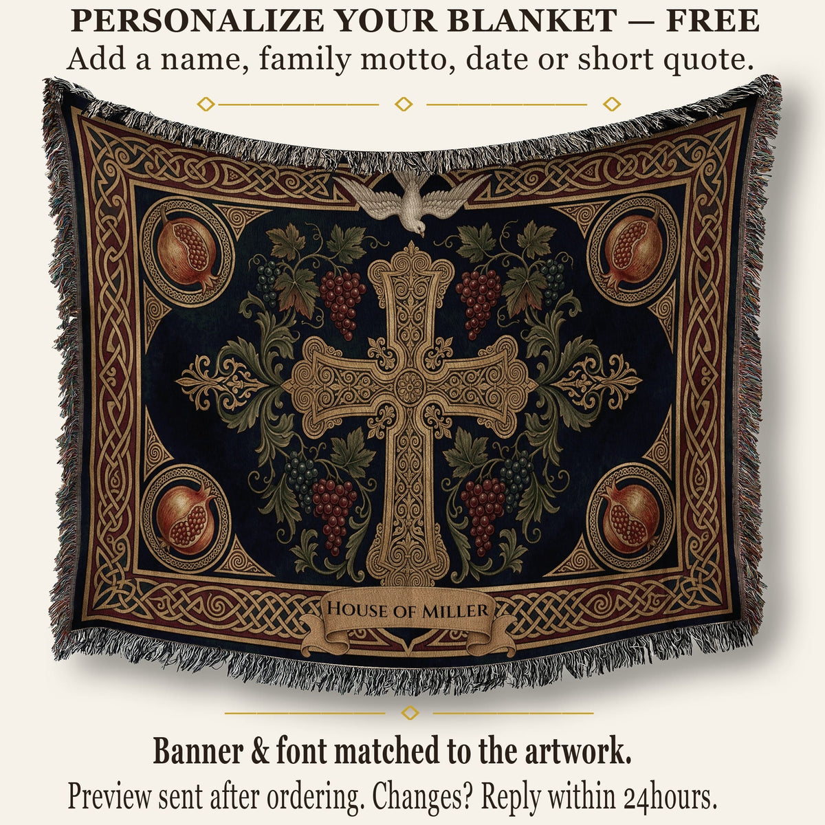 CalmNestStyle Cross with Vine and Celtic Knots jacquard woven blanket