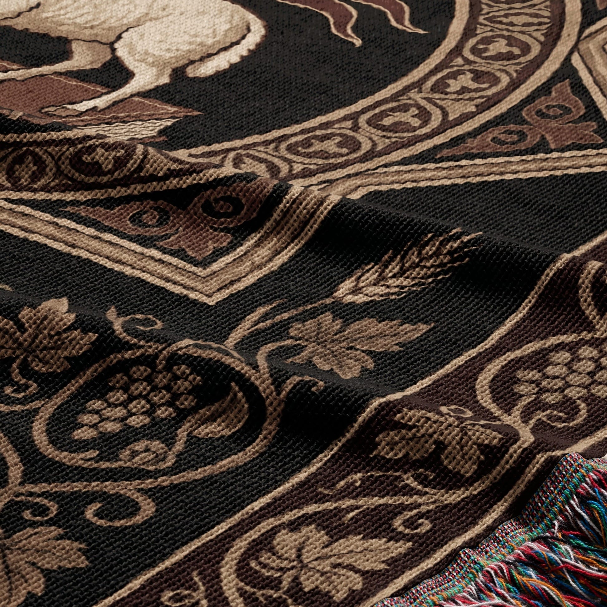 Woven tapestry detail with vintage animal and floral motifs in brown and tan.