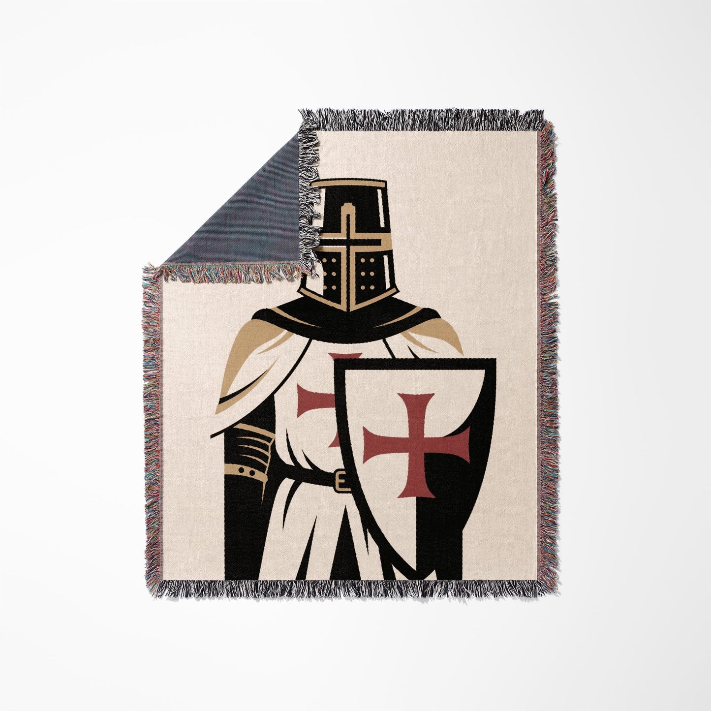 Woven blanket featuring a medieval knight in armor with a red cross shield.