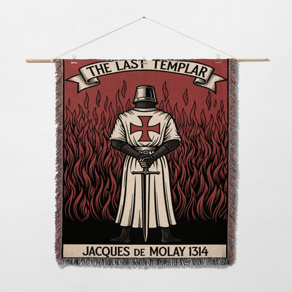 Tapestry depicting Jacques de Molay in armor with sword against flames.