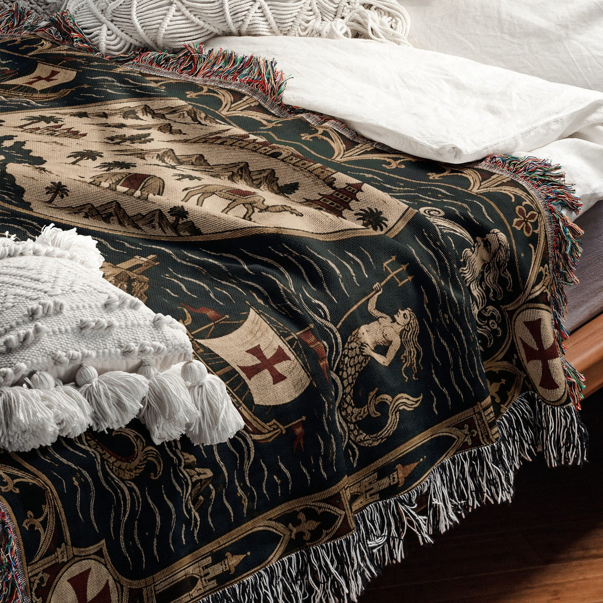 CalmNestStyle Mappa Mundi I Ships and Sea Monsters jacquard woven blanket