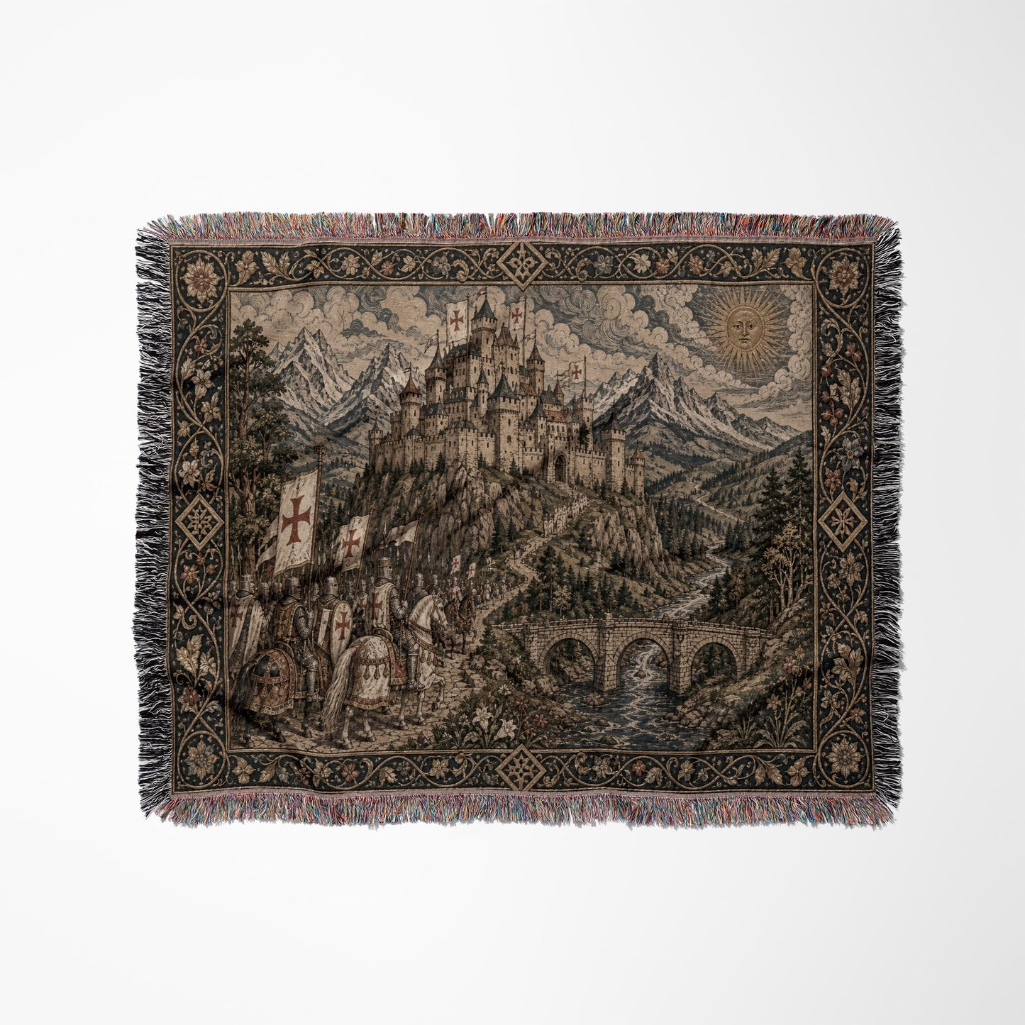 MyDesigns Medieval Castle Tapestry Woven Blanket – Templar Banners Mountain Fortress, Golden jacquard woven blanket