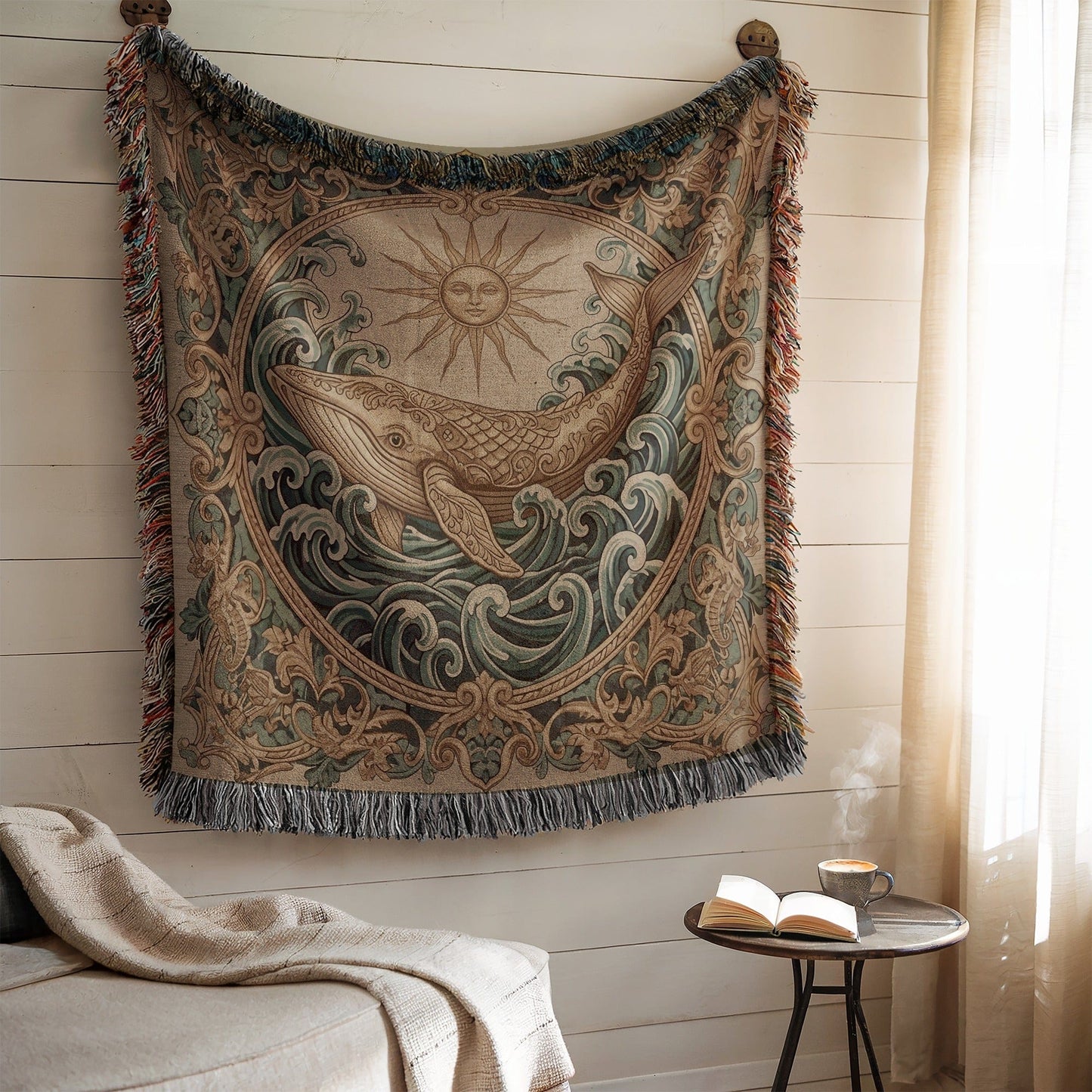 Vintage Whale and Sun Tapestry Blanket for Home Decor