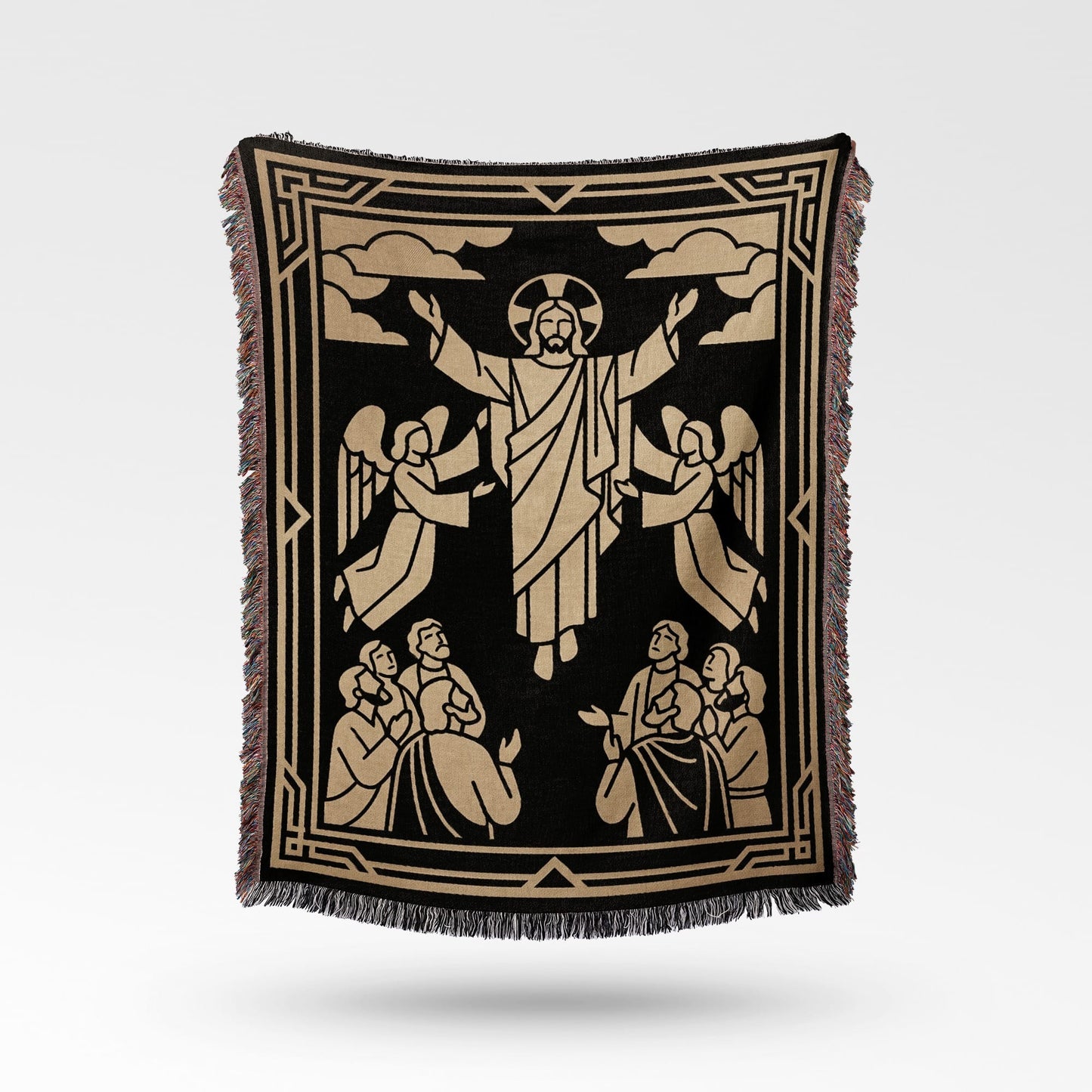 Jesus with outstretched arms surrounded by angels and people, on a black woven blanket.