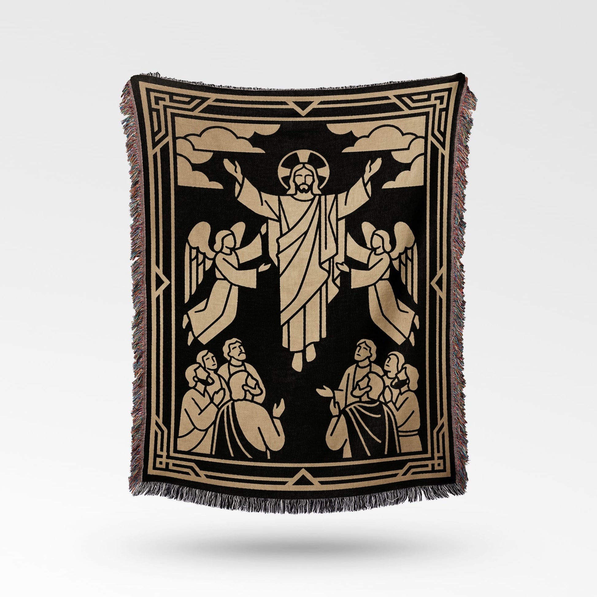 Jesus with outstretched arms surrounded by angels and people, on a black woven blanket.