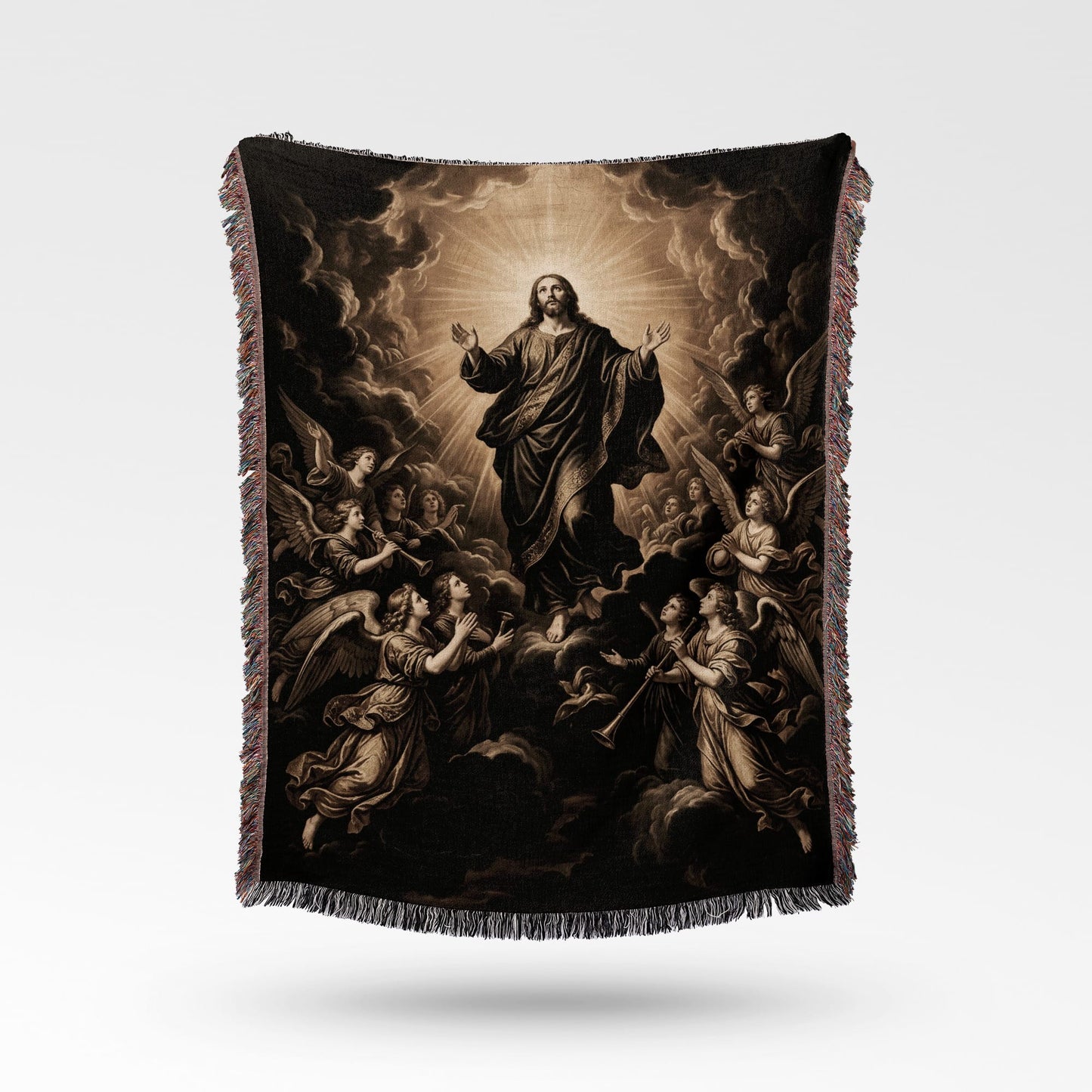 Jesus Christ ascending to heaven surrounded by angels, on a throw blanket.