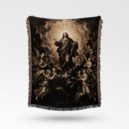 Jesus Christ ascending to heaven surrounded by angels, on a throw blanket.