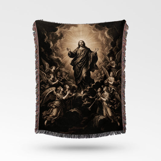 Jesus Christ ascending to heaven surrounded by angels, on a throw blanket.