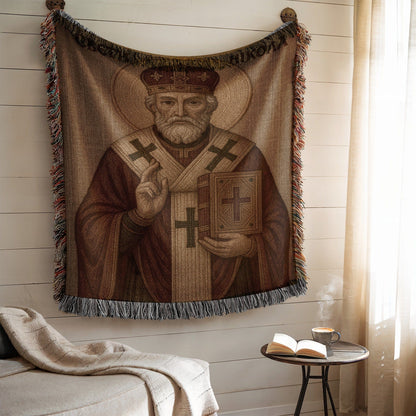 Saint Nikola Image With Crosses Religious Art Portrait Woven Blanket