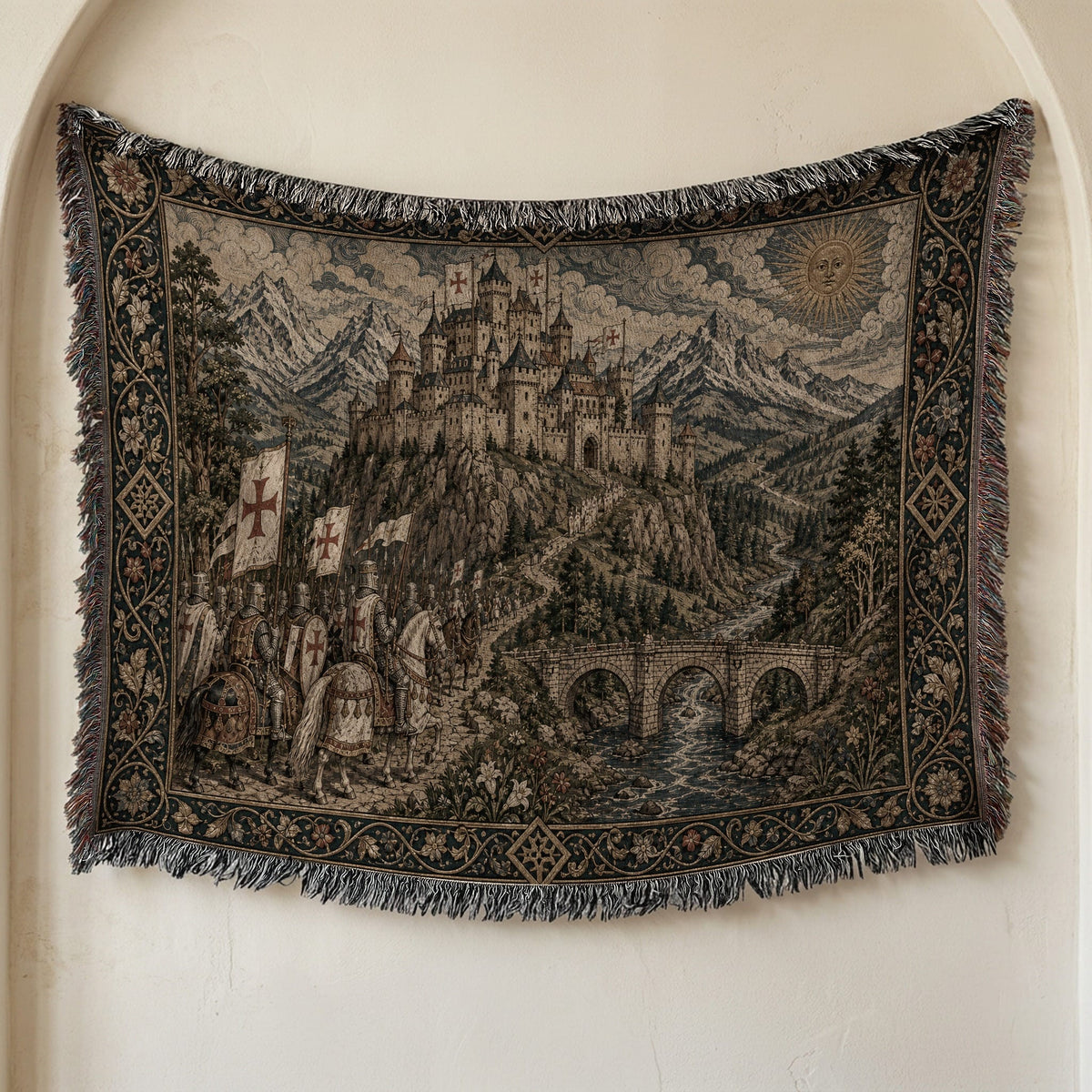MyDesigns Medieval Castle Tapestry Woven Blanket – Templar Banners Mountain Fortress, Golden jacquard woven blanket