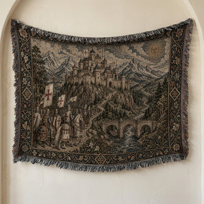 MyDesigns Medieval Castle Tapestry Woven Blanket – Templar Banners Mountain Fortress, Golden jacquard woven blanket
