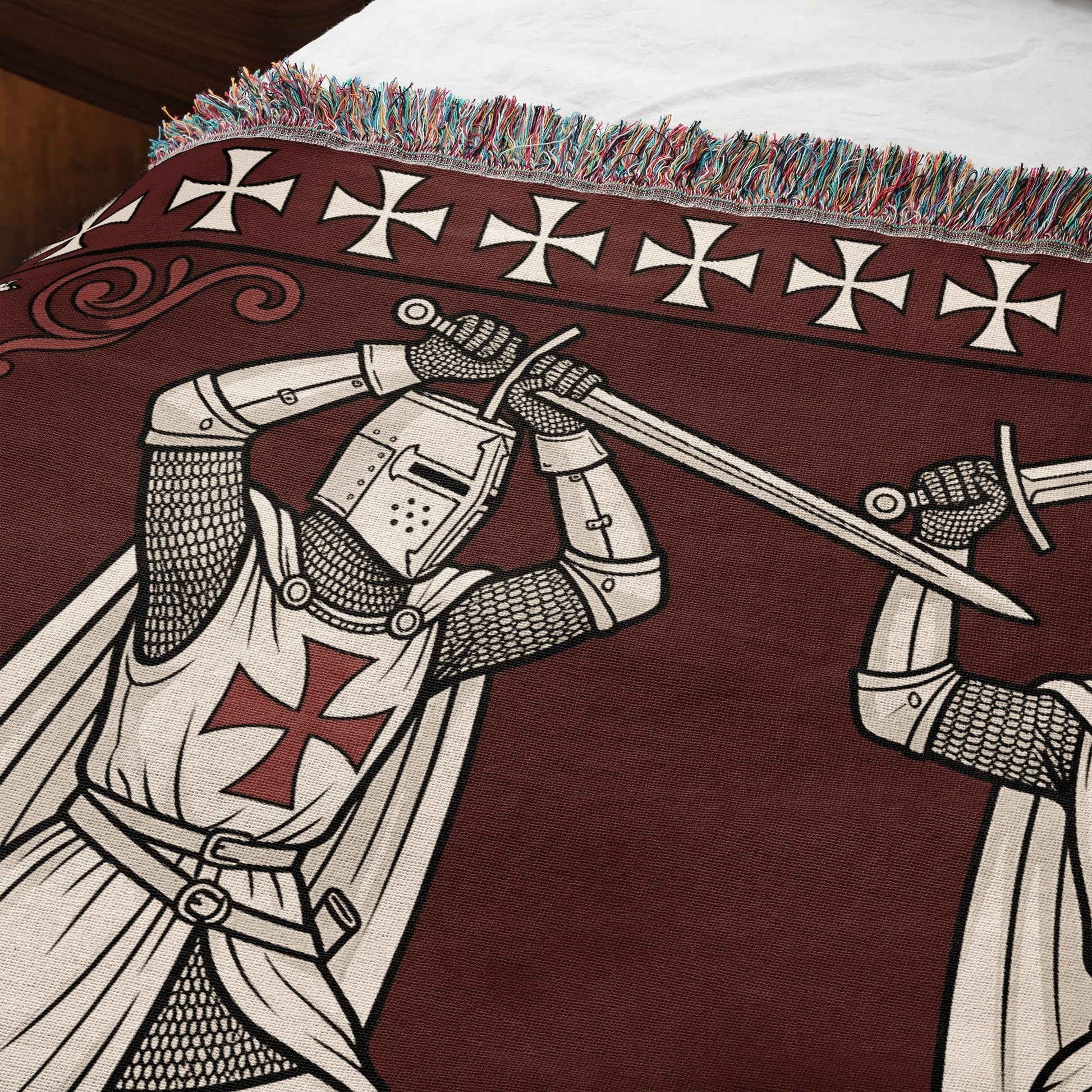 MyDesigns Medieval Tapestry Blanket – Knights Templar Duel Woven Throw, White Cross Border jacquard woven blanket