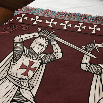 MyDesigns Medieval Tapestry Blanket – Knights Templar Duel Woven Throw, White Cross Border jacquard woven blanket