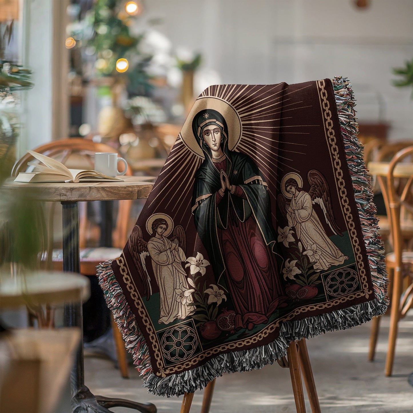 Religious Design Throw Blanket with Angels and Saint Pattern