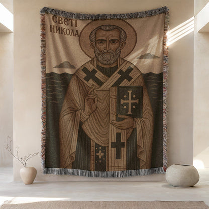 Saint Nicholas Icon Woven Throw Blanket