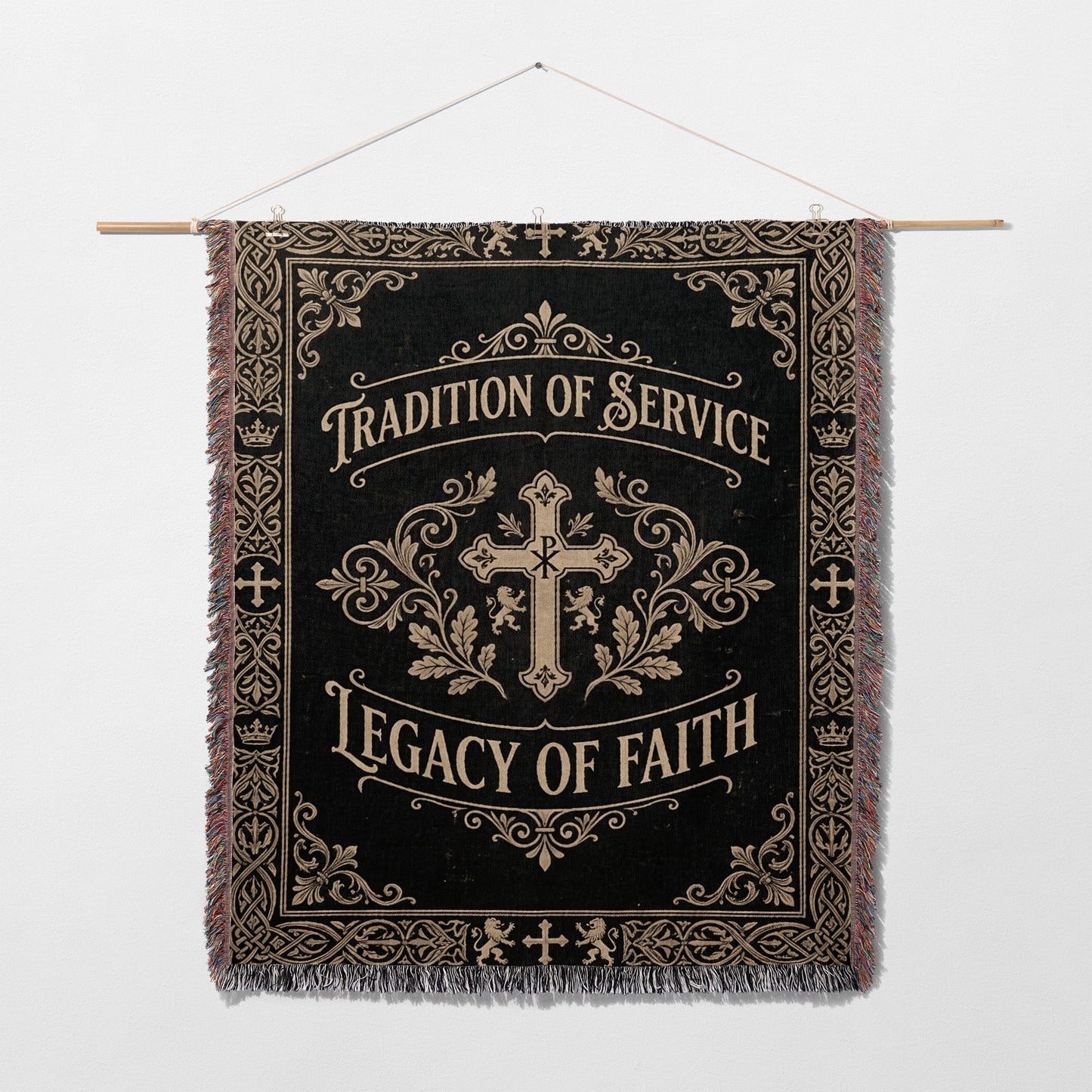 Black tapestry with gold ornate cross and "Tradition of Service Legacy of Faith".
