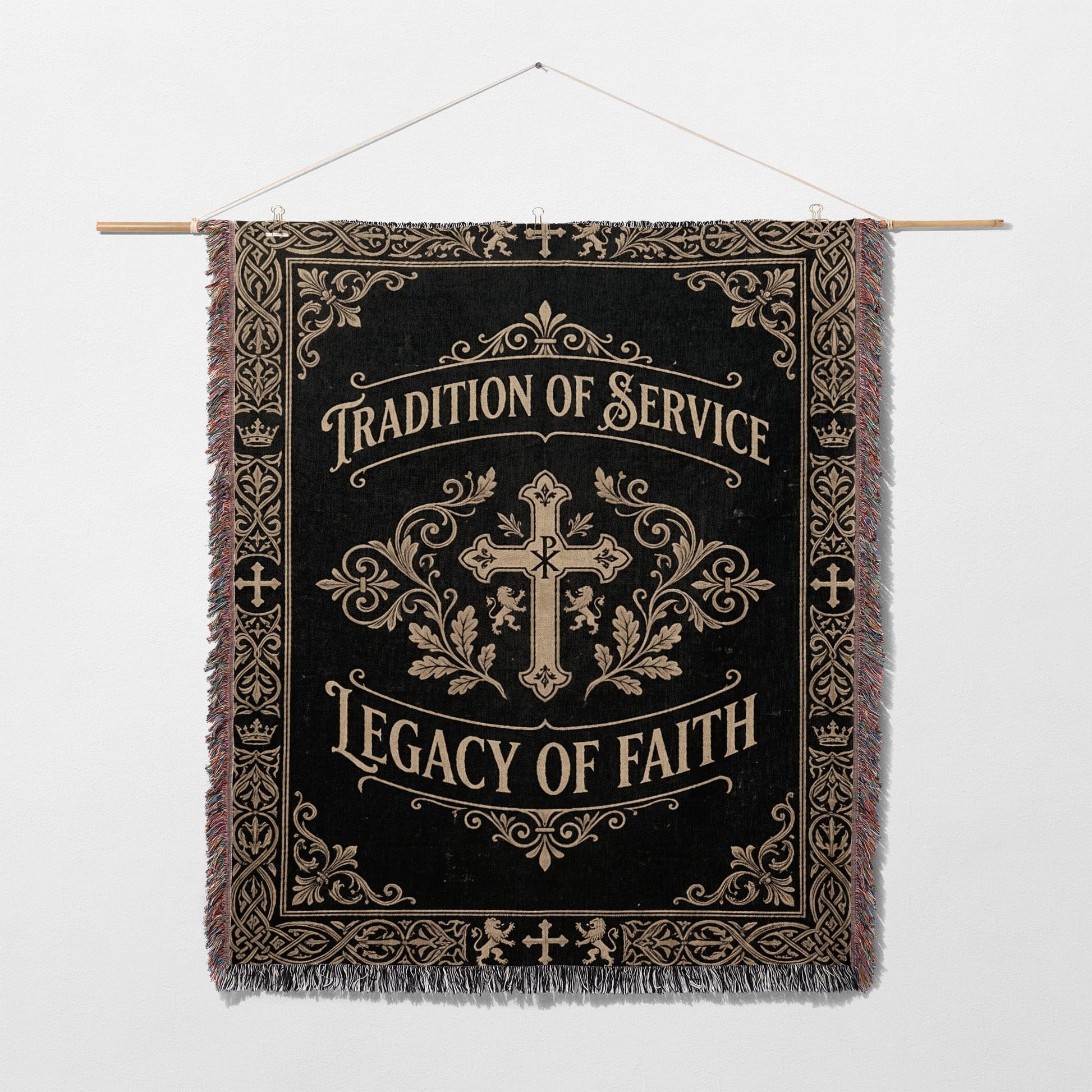Black tapestry with gold ornate cross and "Tradition of Service Legacy of Faith".