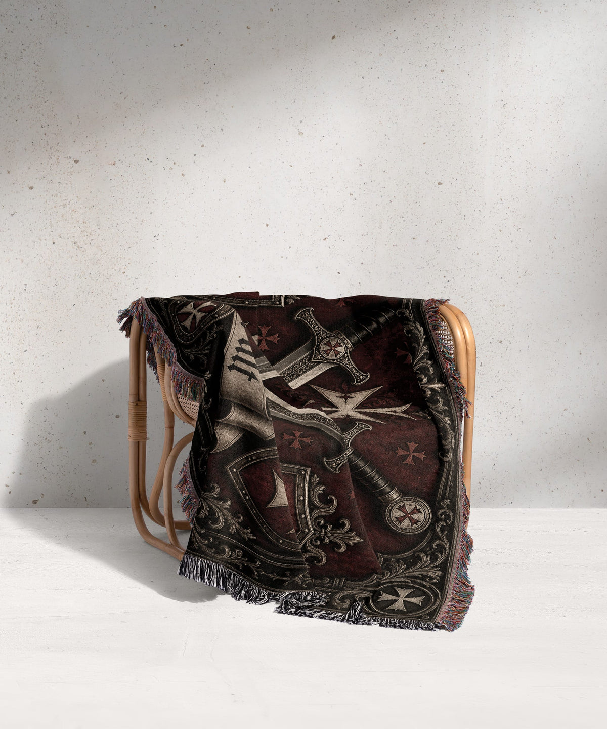 CalmNestStyle Medieval Blanket with Deus Vult Scroll – Crossed Swords Crusader Shields Woven Throw jacquard woven blanket