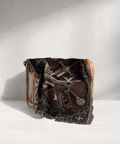 CalmNestStyle Medieval Blanket with Deus Vult Scroll – Crossed Swords Crusader Shields Woven Throw jacquard woven blanket