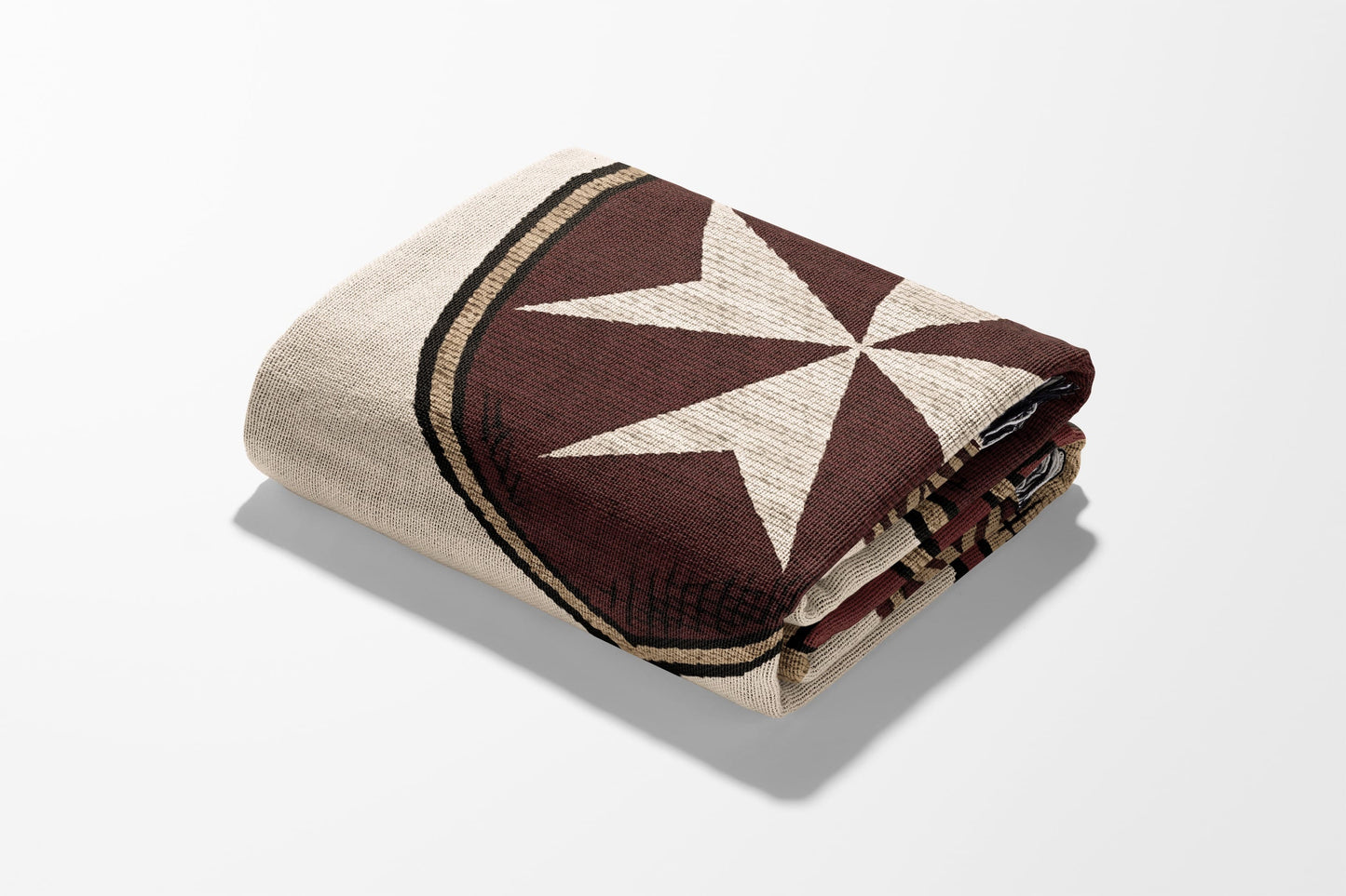 Folded blanket with brown and beige star pattern and striped border.