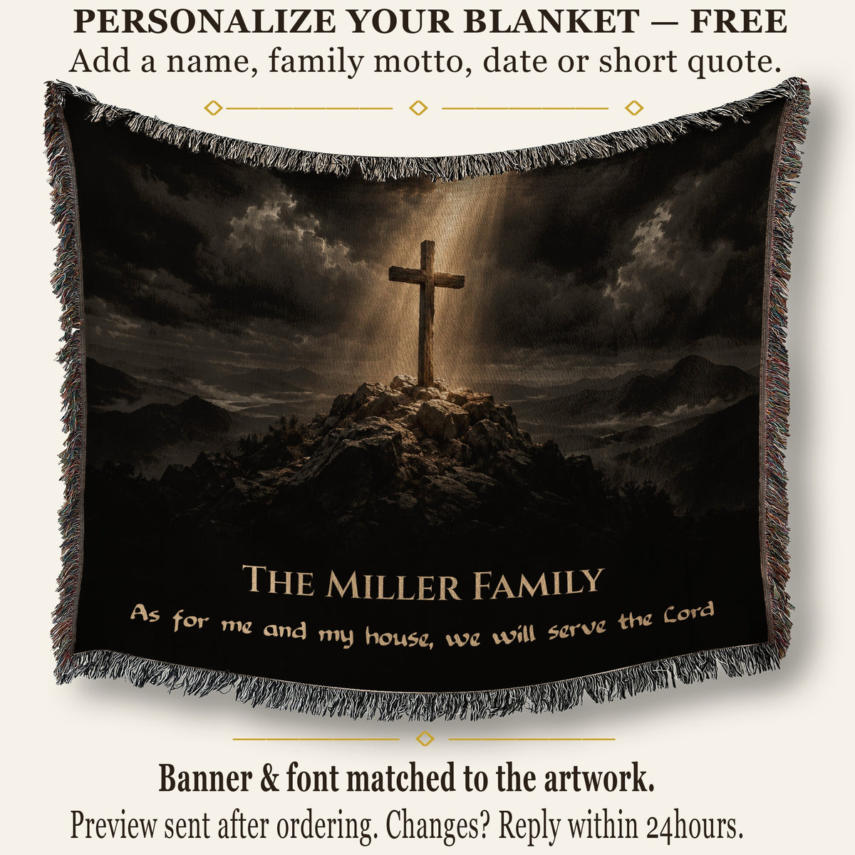 A black woven blanket features a wooden cross on a rocky hill beneath a cloudy sky, with custom text at the bottom.