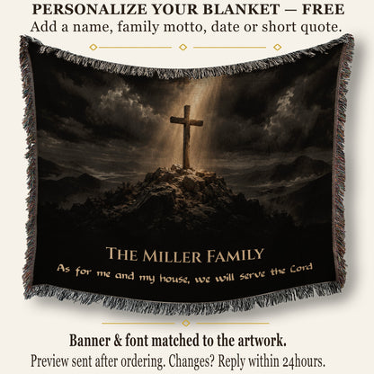 A black woven blanket features a wooden cross on a rocky hill beneath a cloudy sky, with custom text at the bottom.
