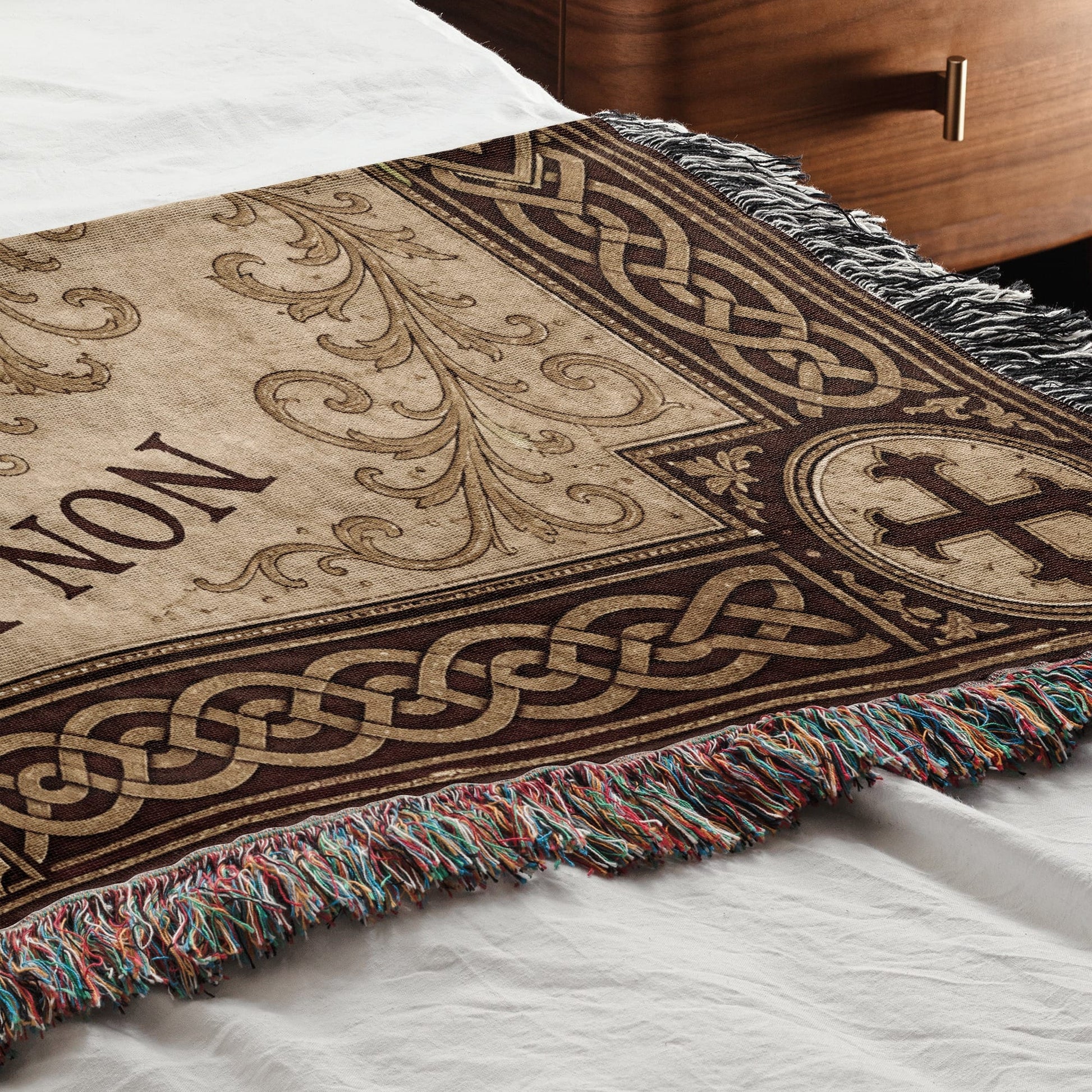 MyDesigns Medieval Tapestry Blanket – Non Nobis Domine Jerusalem Cross Woven Throw, Parchment Gold jacquard woven blanket
