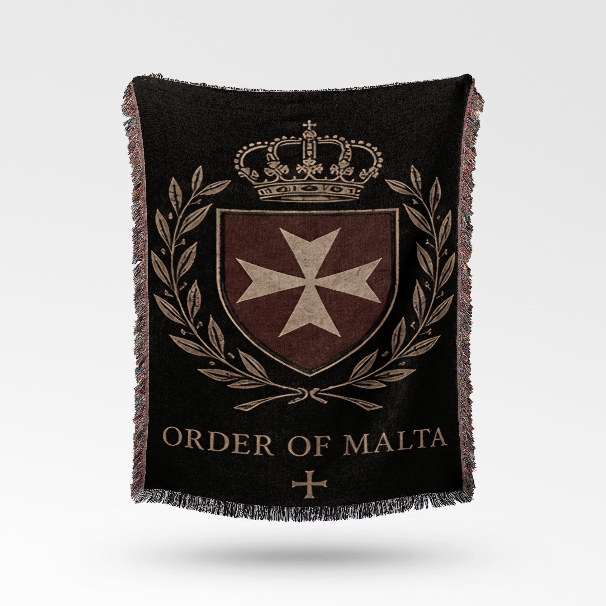 Black blanket with Order of Malta crest, laurel wreath, and crown.