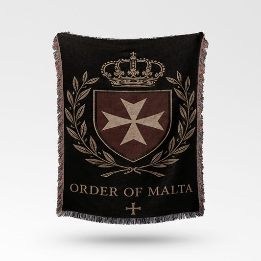 Black blanket with Order of Malta crest, laurel wreath, and crown.