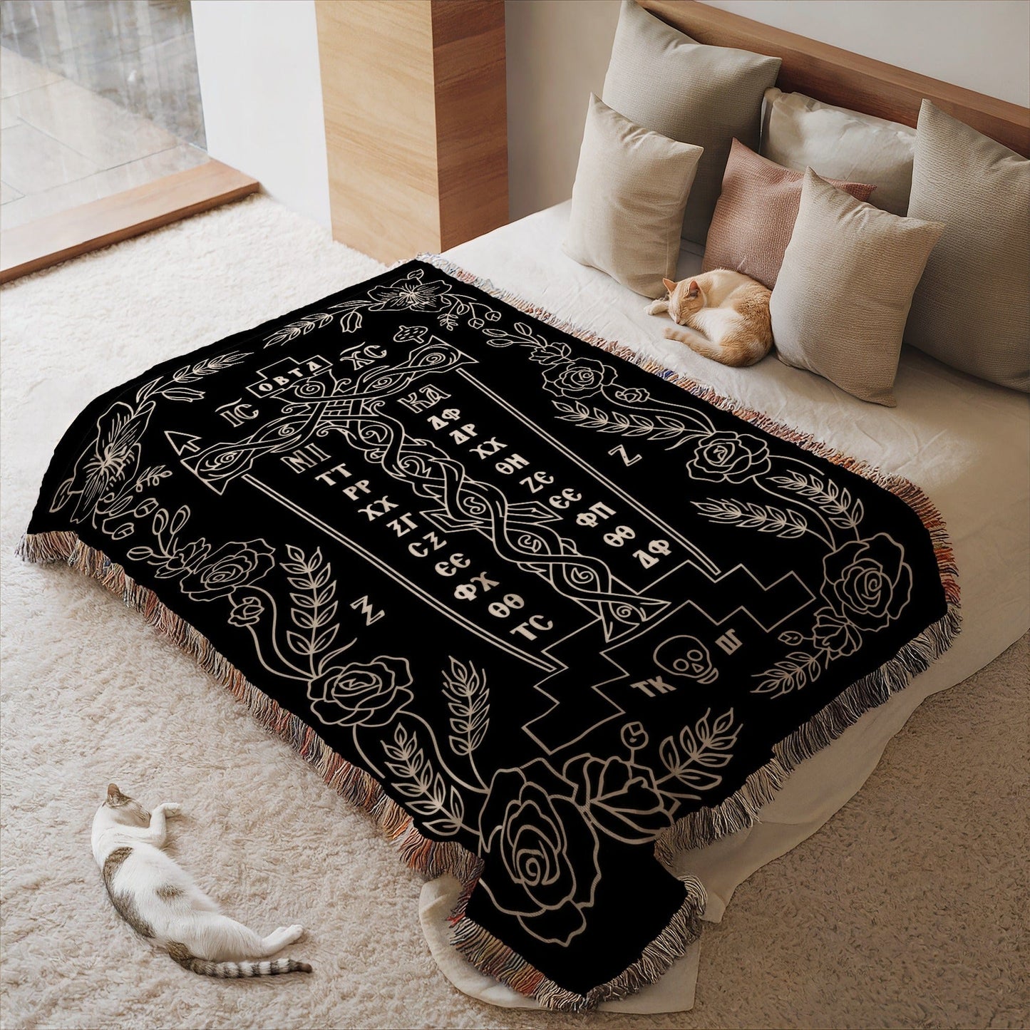 Black Tarot Bedspread with Cat and Rose Design