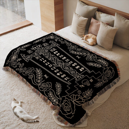 Black Tarot Bedspread with Cat and Rose Design