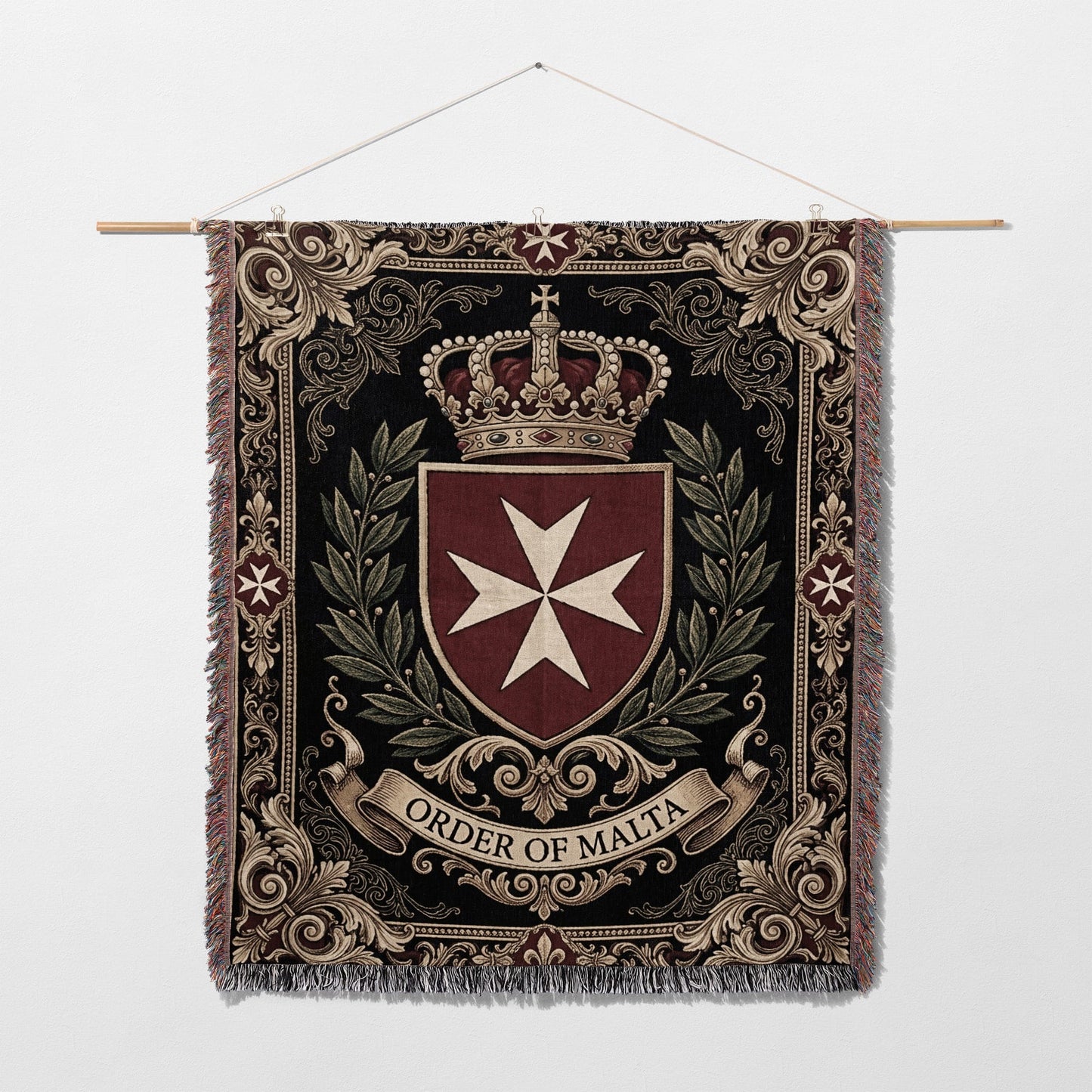 Woven tapestry featuring the Order of Malta crest with crown, laurel wreath, and ornate border.