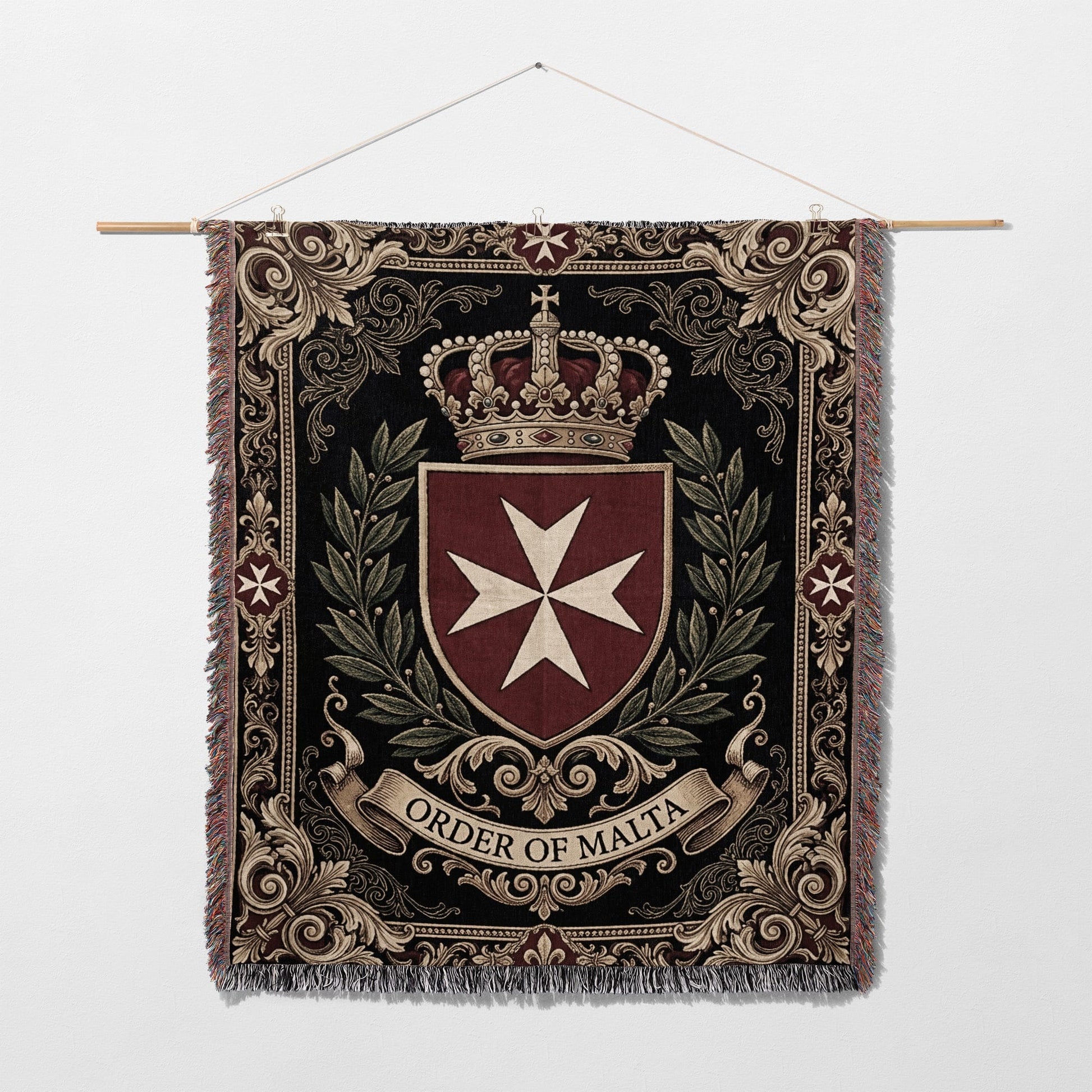 Woven tapestry featuring the Order of Malta crest with crown, laurel wreath, and ornate border.