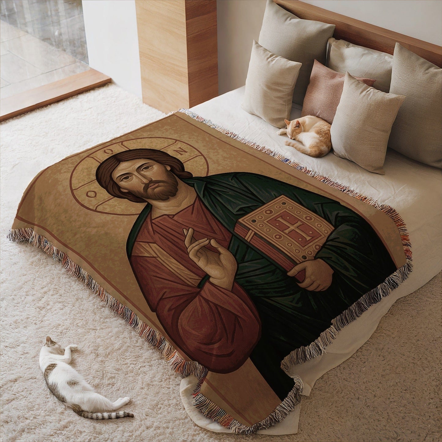 Religious Iconography Blanket with Tassel Edges