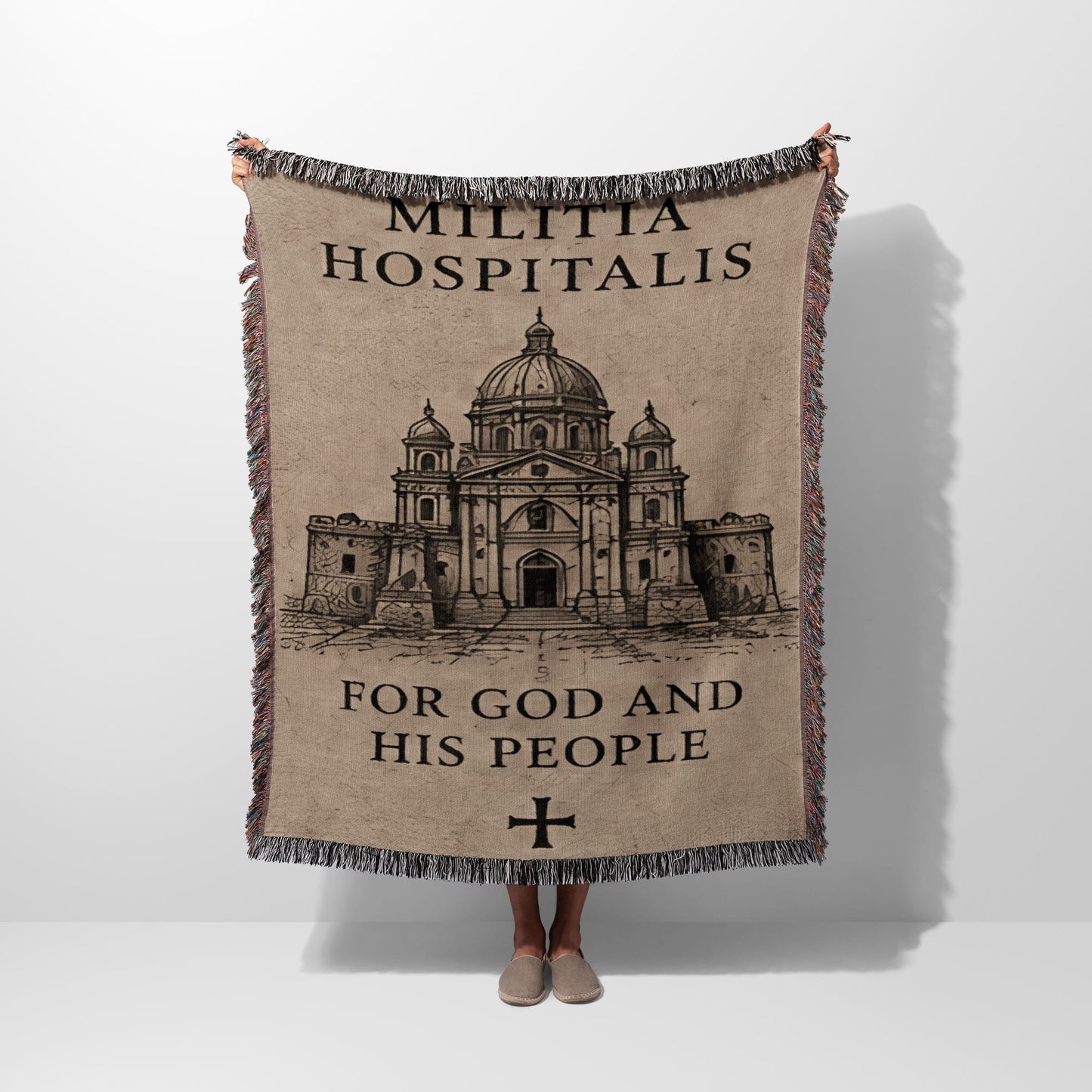 Tapestry with building illustration and "Militia Hospitalis For God And His People" text.