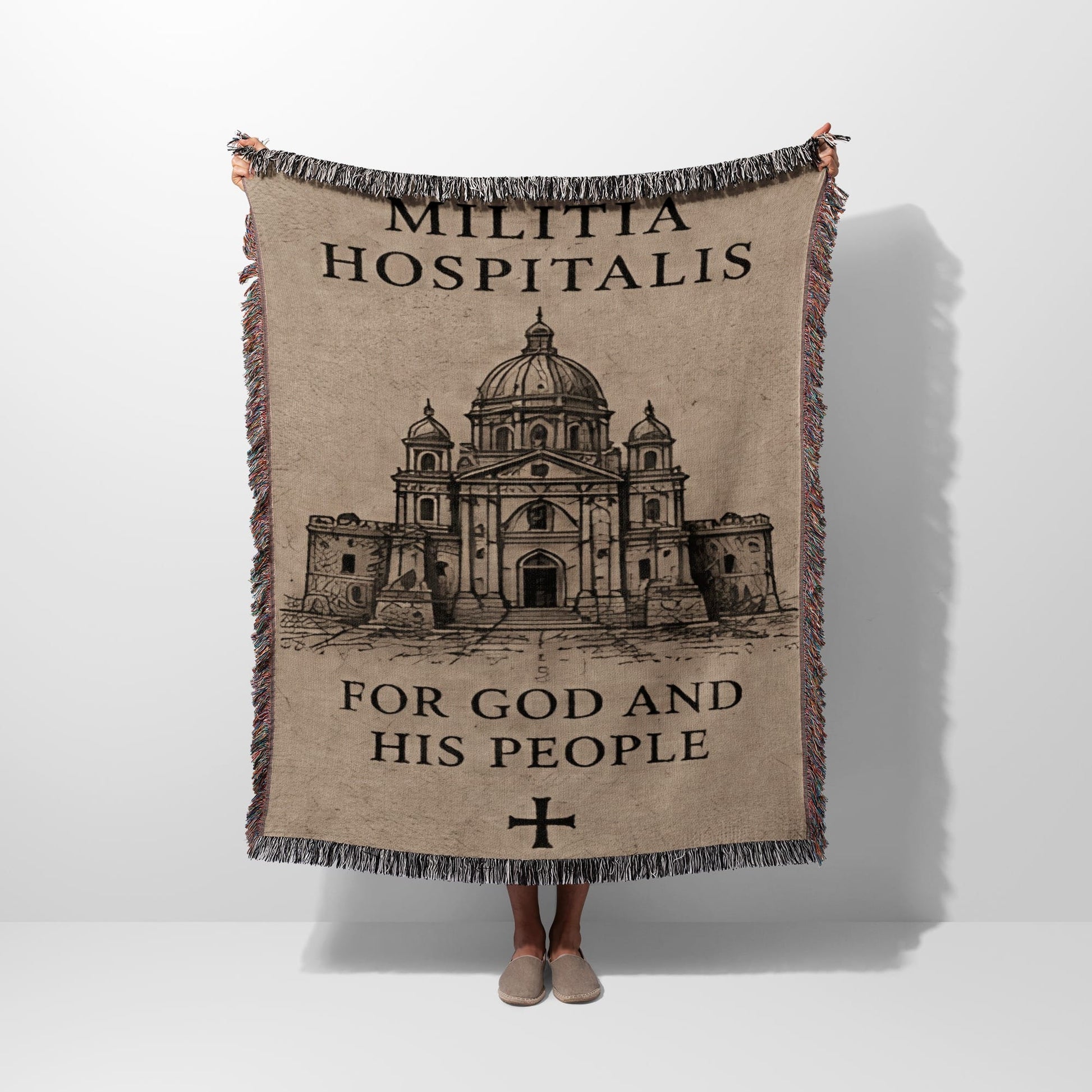Tapestry with building illustration and "Militia Hospitalis For God And His People" text.