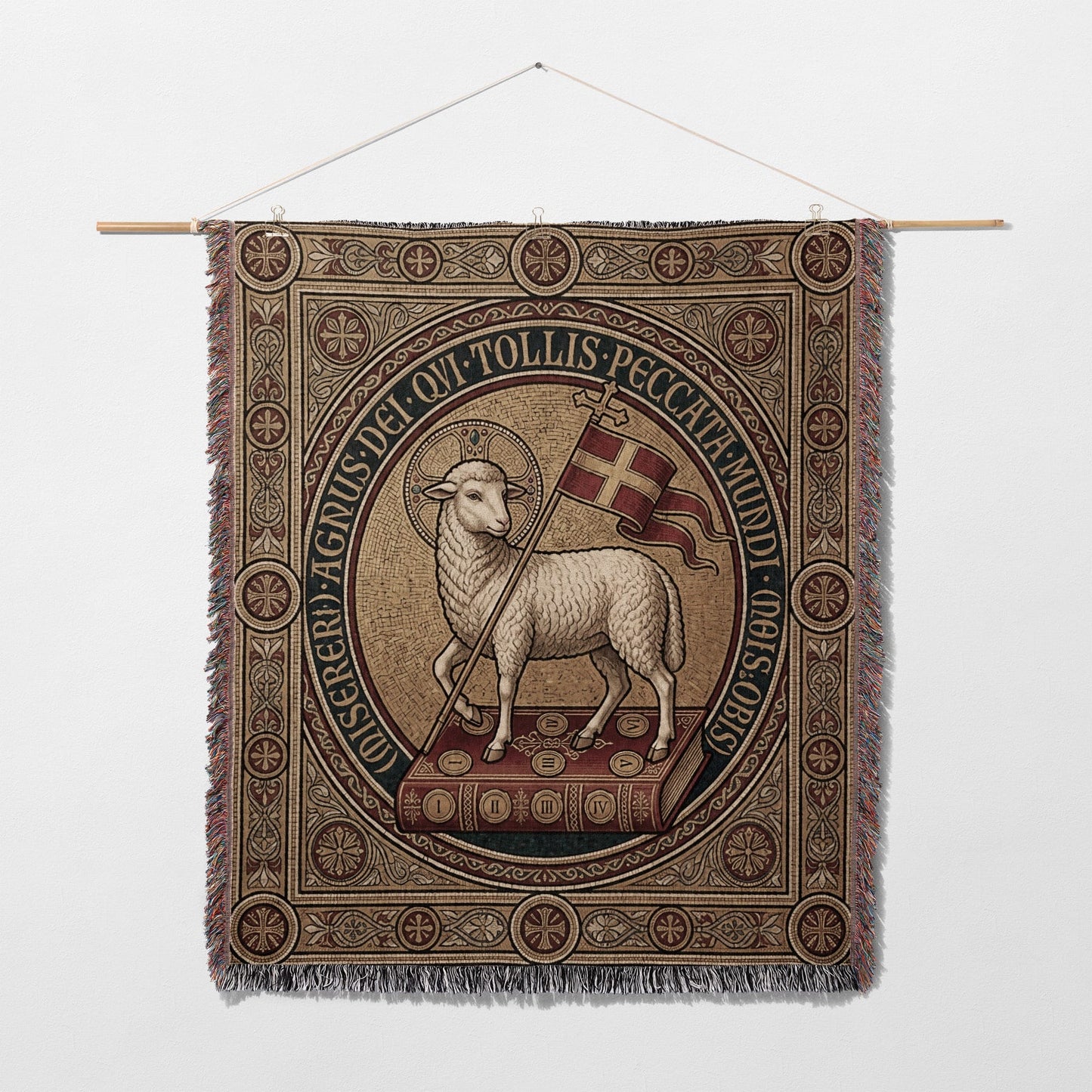 Lamb of God tapestry with Latin text and religious iconography.