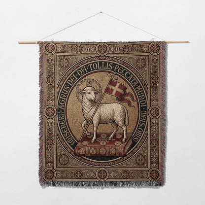 Lamb of God tapestry with Latin text and religious iconography.