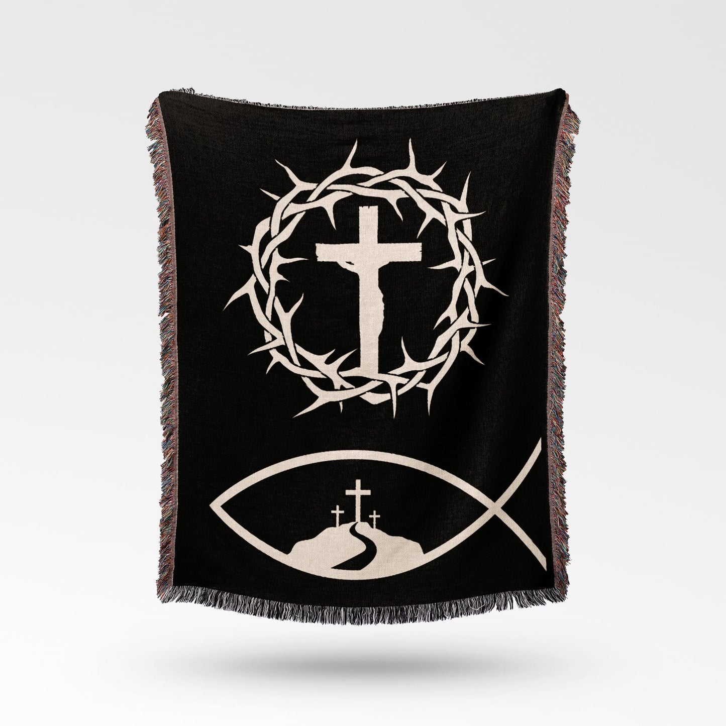 Black throw blanket with a cross, crown of thorns, and fish symbol.