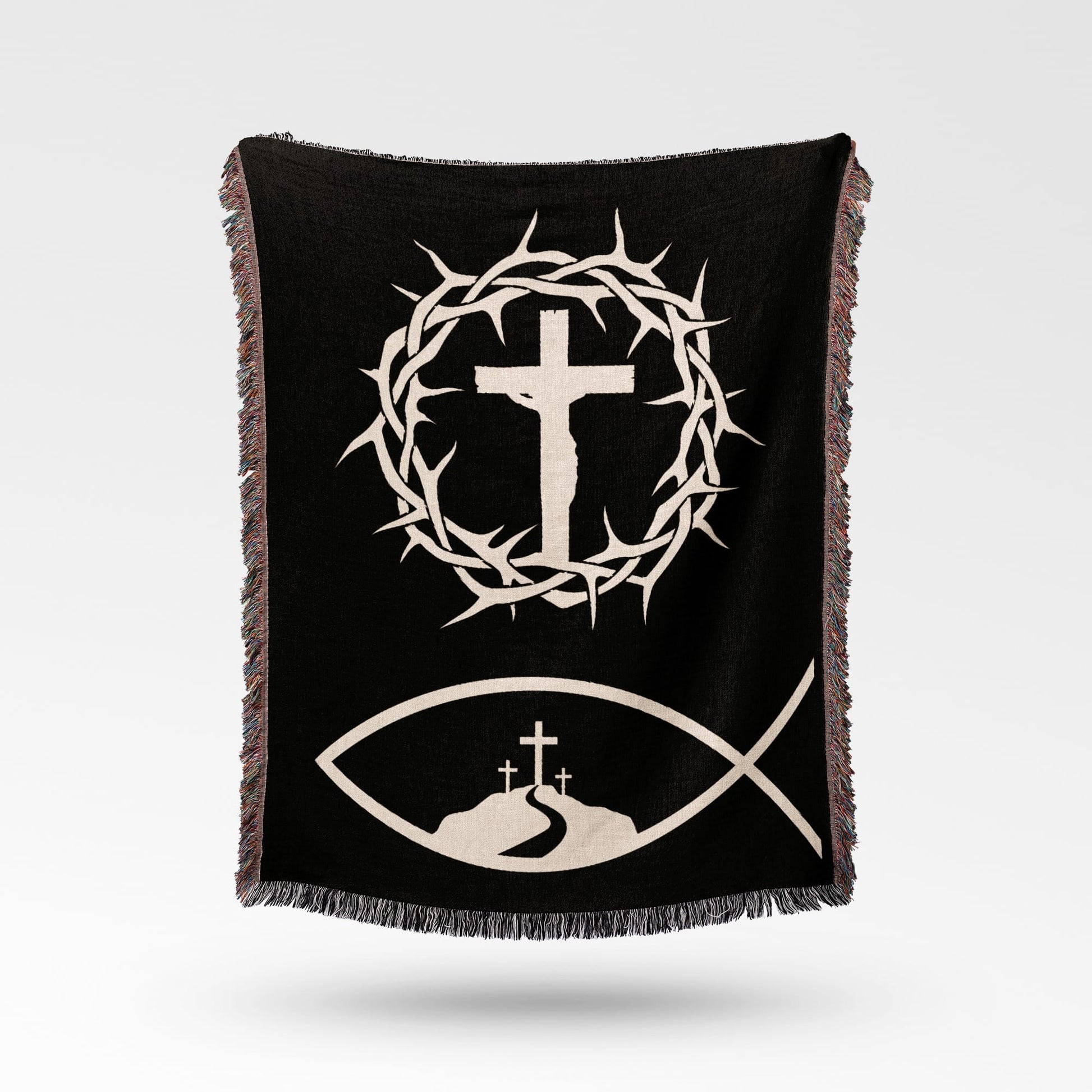 Black throw blanket with a cross, crown of thorns, and fish symbol.