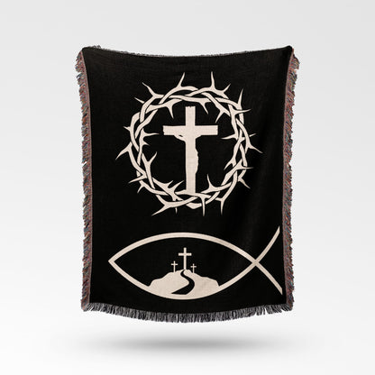 Black throw blanket with a cross, crown of thorns, and fish symbol.