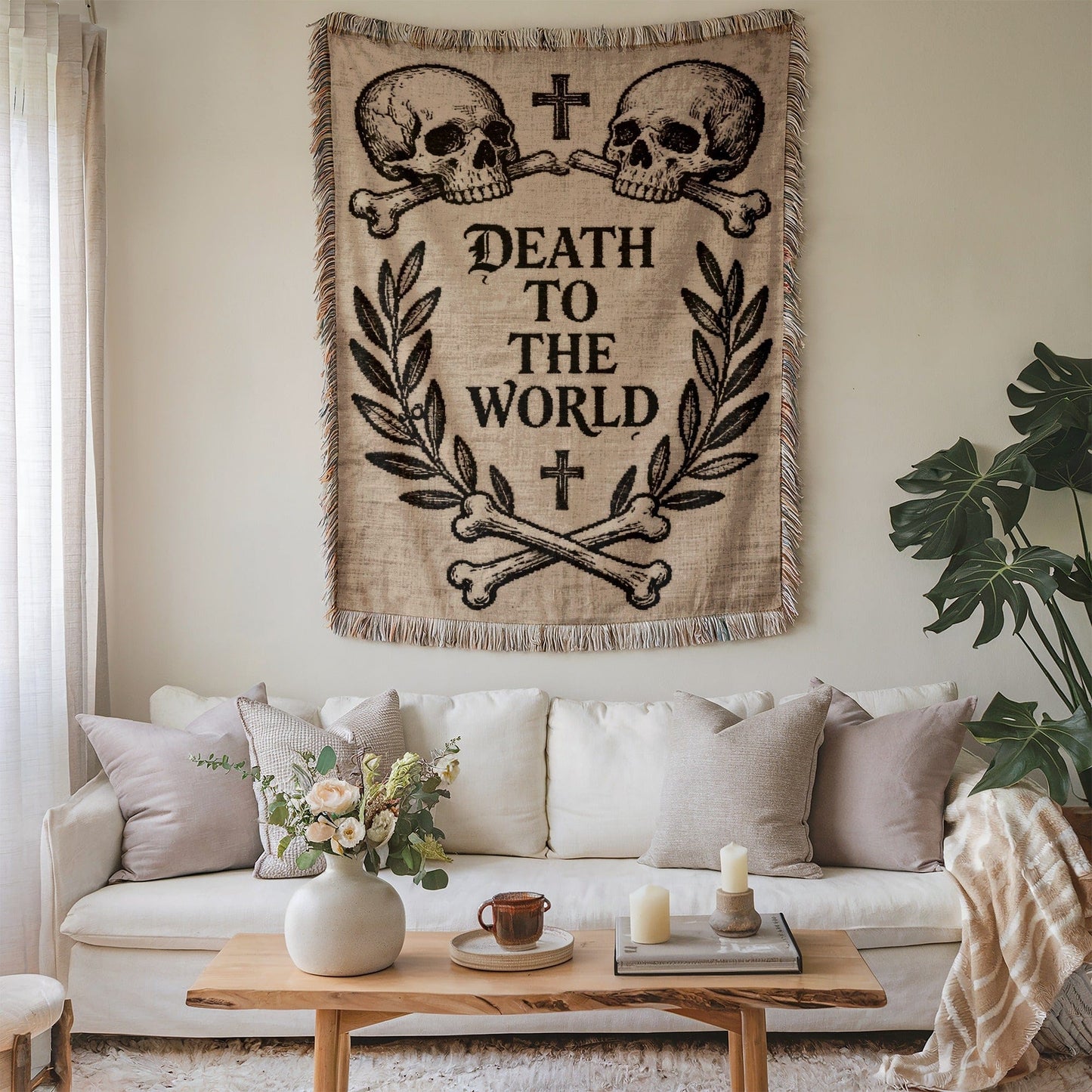 Death to the World Skull and Crossbones Tapestry Decor