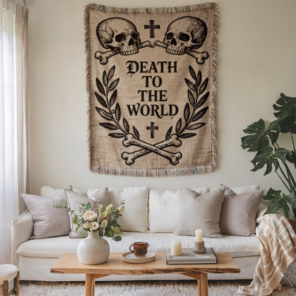 Death to the World Skull and Crossbones Tapestry Decor