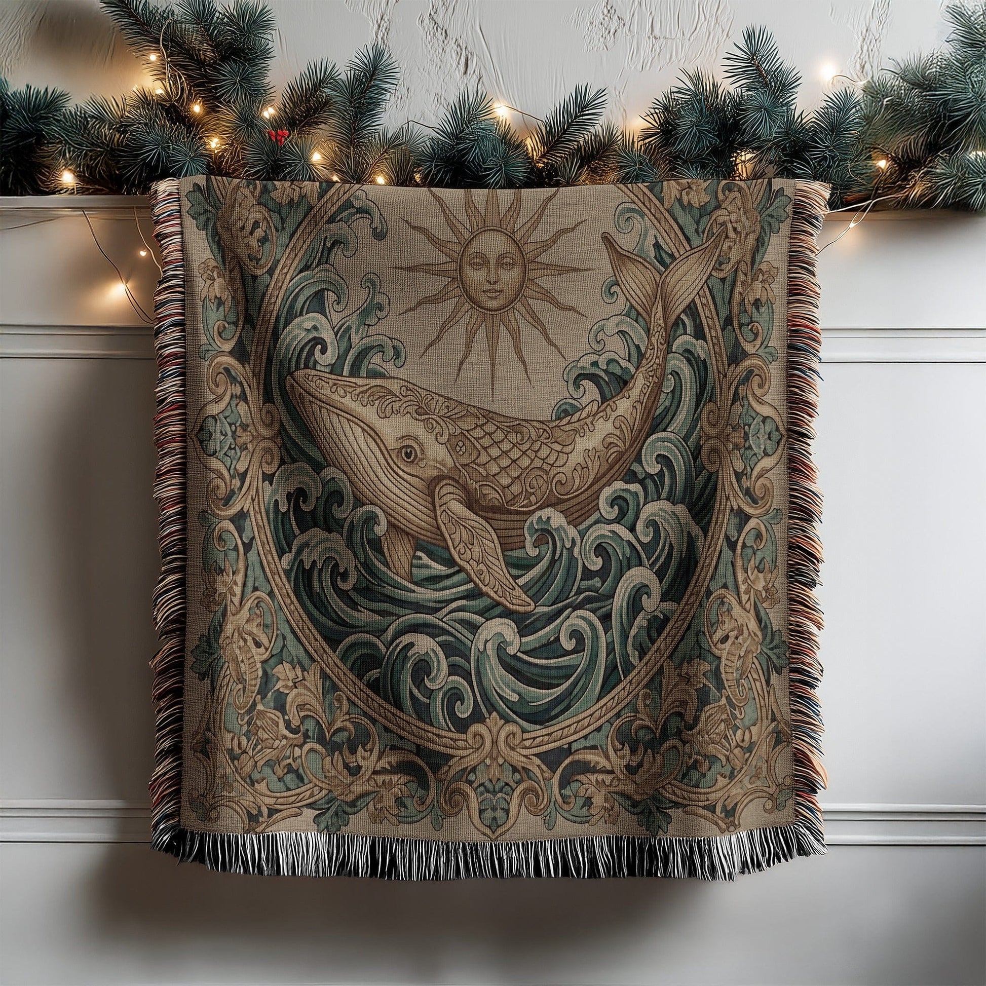 Ornate Whale and Sun Patterned Tapestry Blanket