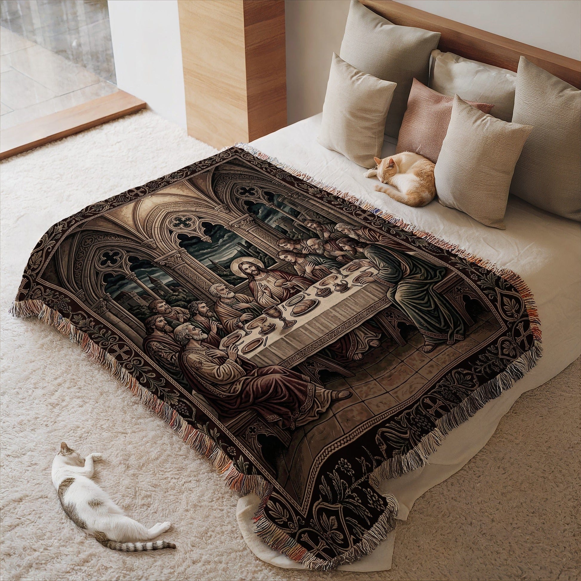 The Last Supper Theme Fringed Decorative Blanket