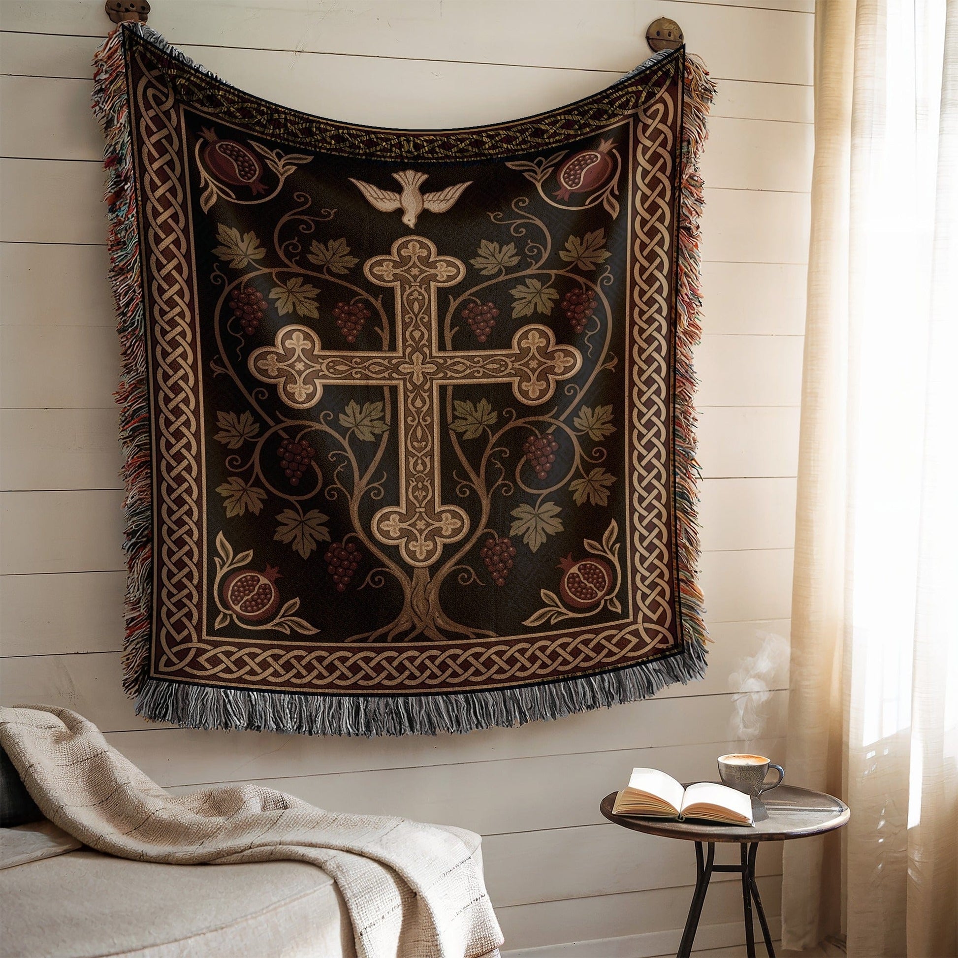 Ornate Cross and Floral Design Decorative Tapestry