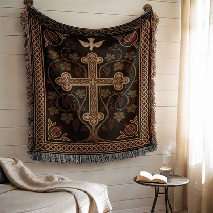 Ornate Cross and Floral Design Decorative Tapestry