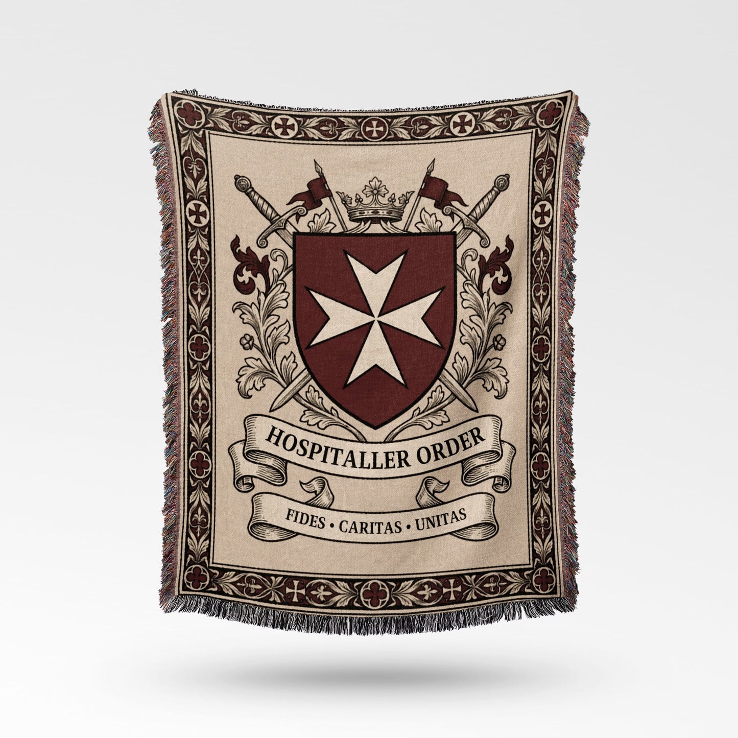 Tapestry with central shield, swords, crown and text "Hospitaller Order" and "FIDES CARITAS UNITAS".